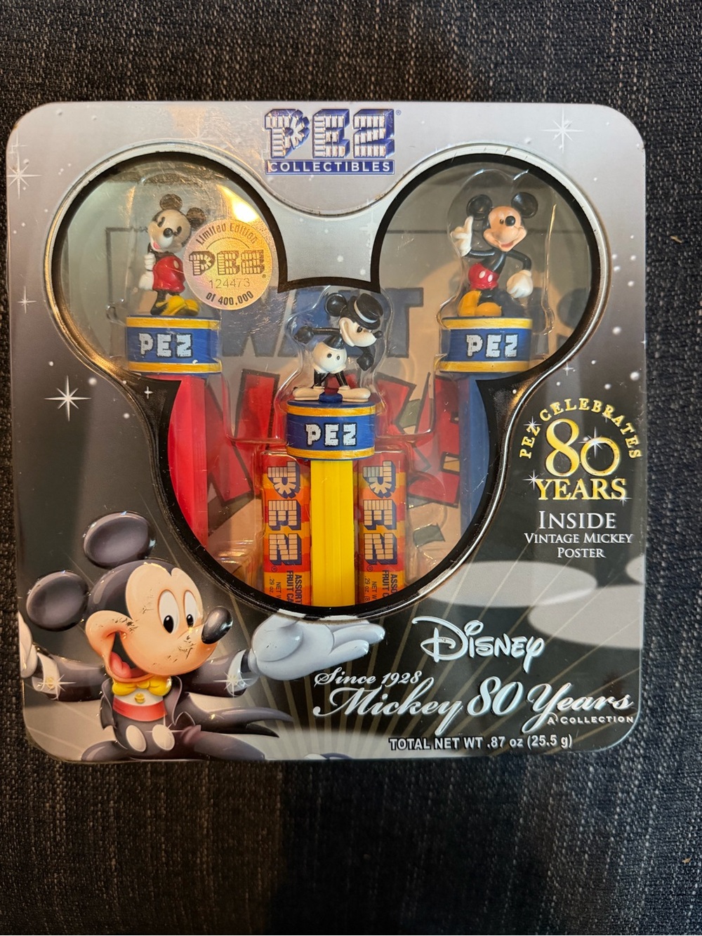 Disney PEZ Mickey 80 Years Collectible Dispenser Set - Black, Red, Yellow, Blue
